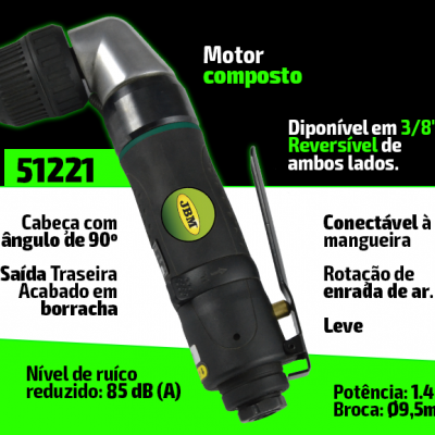 Ferramenta elétrica com cabeça angular preta e detalhes em verde com texto técnico