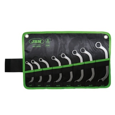 Conjunto de 8 chaves combinadas JBM com tamanhos variados em suporte preto com bordas verdes