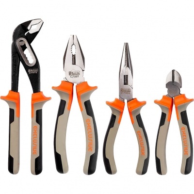 Conjunto de 4 alicates com punhos pretos, cinza e laranja e marca EXCLUSIVE visível