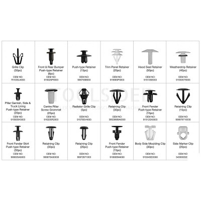 variedade de presilhas e fixadores automotivos pretos com nomes e quantidades