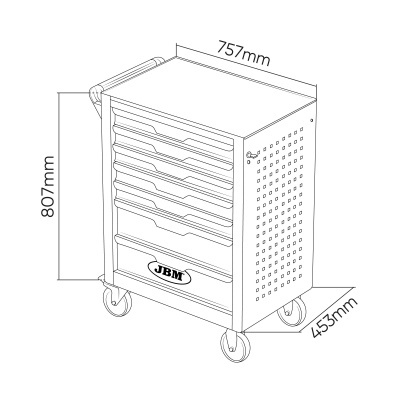 Desenho técnico de carro de ferramentas móvel com gavetas e rodas