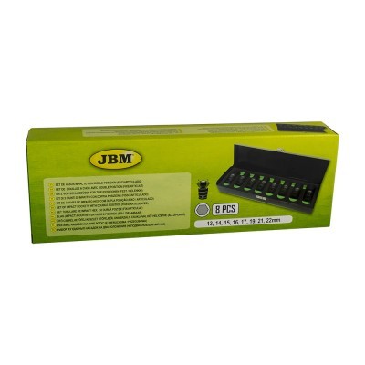 Conjunto de 8 pontas de chave de impacto JBM em embalagem verde com caixa preta.