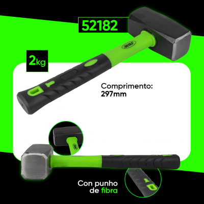 Martelo de 2 kg verde e preto com punho de fibra e cabeça metálica prateada