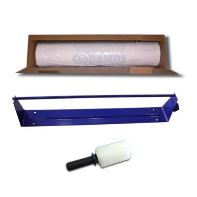 Rolo branco em caixa de papelão, estrutura metálica azul e rolo adesivo branco com cabo preto