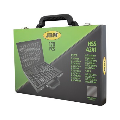 Mala preta e verde com 170 peças de fresas HSS da marca JBM