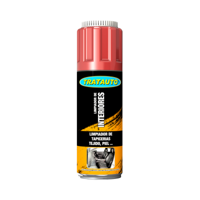 Spray limpador de interiores Tratauto com rótulo preto, amarelo e azul e tampa vermelha