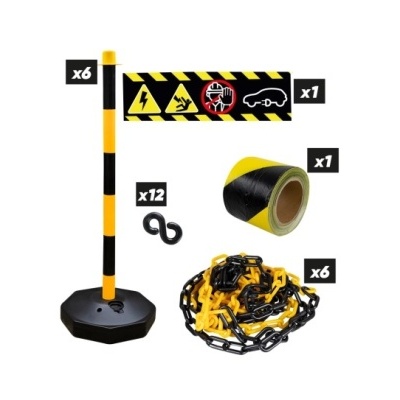 Conjunto de segurança com postes, correntes, fita e faixa preta e amarela com símbolos de perigo