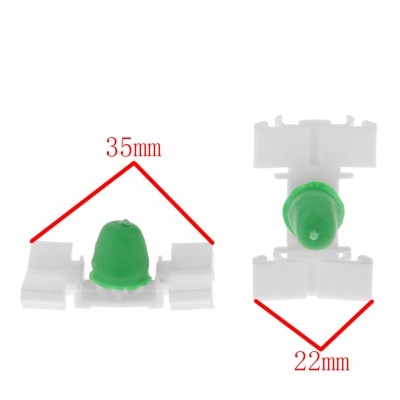 Suporte plástico branco com peça verde e dimensões indicadas