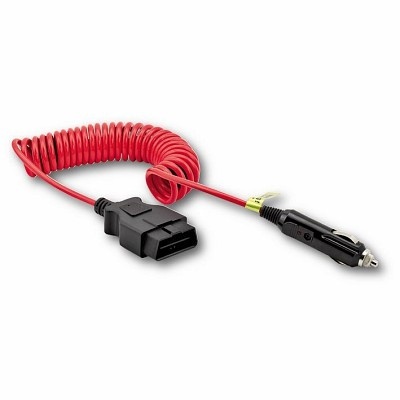 Cabo vermelho enrolado com conector OBD-II e ficha de isqueiro preta
