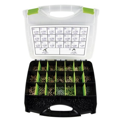 Estojo plástico com arruelas variadas e etiqueta interna na tampa