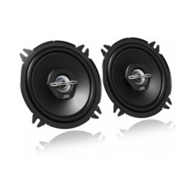 Par de altifalantes JVC pretos com detalhes metálicos.