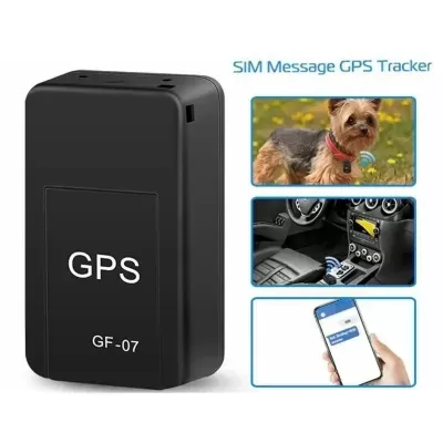 Dispositivo rastreador GPS preto GF-07 e exemplos de uso em cachorro, carro e smartphone