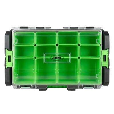 Caixa organizadora verde com tampa transparente e logo 'JBM'