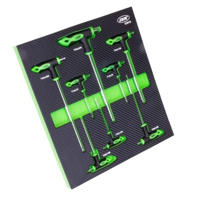 Conjunto de chaves hexagonais T verdes e metálicas numa base preta com marca JBM