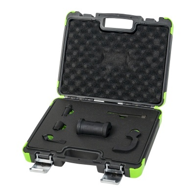 Mala preta e verde com ferramentas em espuma moldada preta