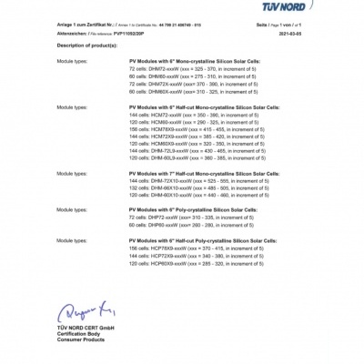 Documento técnico certificado pela TUV NORD com especificações de módulos solares de silício