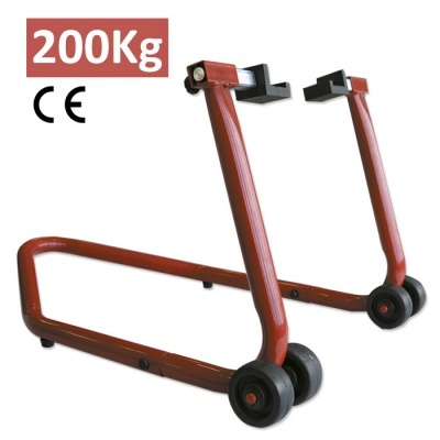 Suporte para mota vermelho com rodas pretas e capacidade de 200Kg.