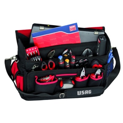 Bolsa preta e vermelha com ferramentas USAG