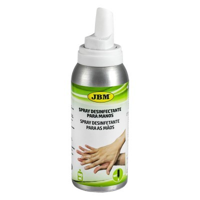 Spray desinfectante para mãos JBM em embalagem metálica com tampa branca e rótulo verde e branco