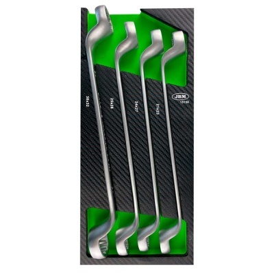 Conjunto de 5 chaves de aço cromado em suporte preto com detalhes verdes e etiqueta