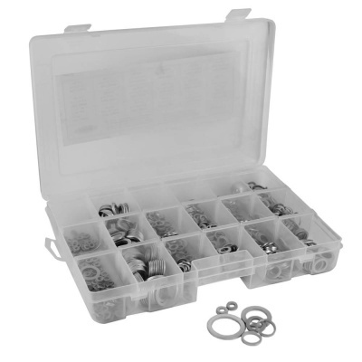 Estojo transparente com anilhas metálicas ordenadas por tamanho