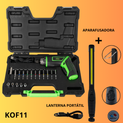 Conjunto de aparafusadora e lanterna portátil em estojo com fundo laranja