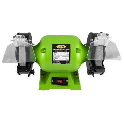 Afiadeira elétrica verde JBM com duas pedras abrasivas e proteções transparentes