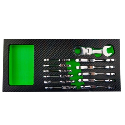 Conjunto de chaves combinadas em suporte preto com textura carbono e interior verde