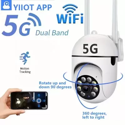 Câmara de segurança branca com antenas e texto promocional sobre funcionalidades como 5G, WiFi e tracking