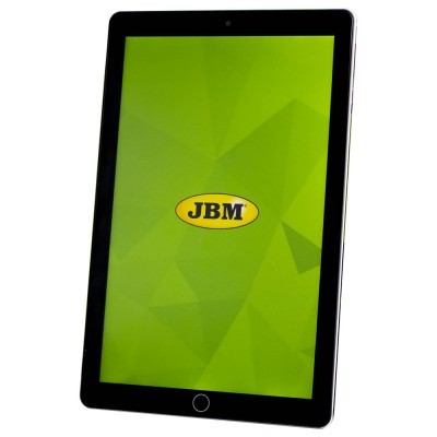 Tablet preto com logótipo JBM no ecrã verde