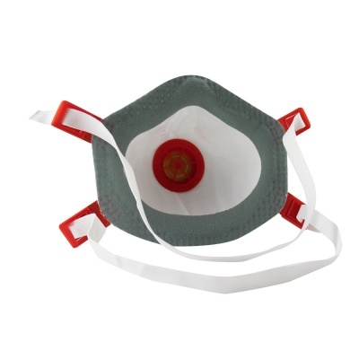 Máscara de proteção respiratória cinza com válvula vermelha e tiras brancas ajustáveis