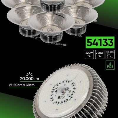 Conjunto de 6 luzes industriais LED redondas com dissipadores metálicos cinzentos
