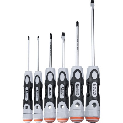 Conjunto de seis chaves de fendas com cabos brancos e pretos e lâminas metálicas.