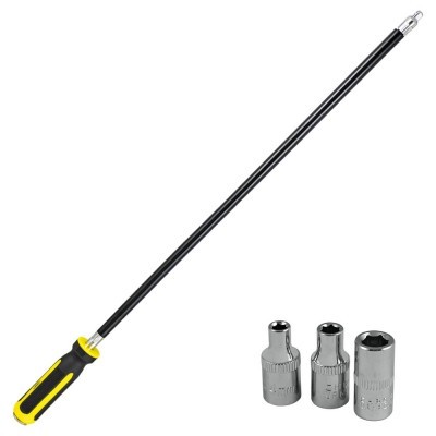 Conjunto de alargador manual com cabo preto e amarelo e três soquetes metálicos.