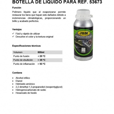 Ficha técnica do produto JBM com foto da garrafa plástica para líquido de restauro de faróis
