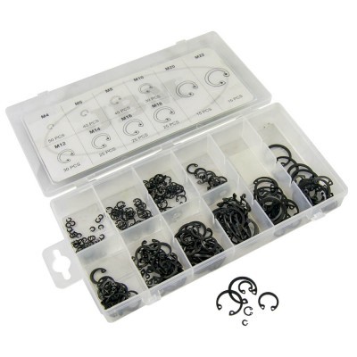 Conjunto de anilhas de retenção pretas em caixa transparente com divisórias e etiquetas de tamanhos