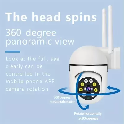 Câmara de vigilância branca com antenas e indicação de rotação 360 graus