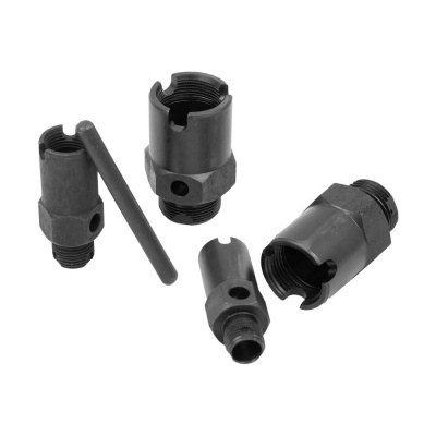 Peças metálicas pretas com roscas externas e cortes circulares, conjunto mecânico