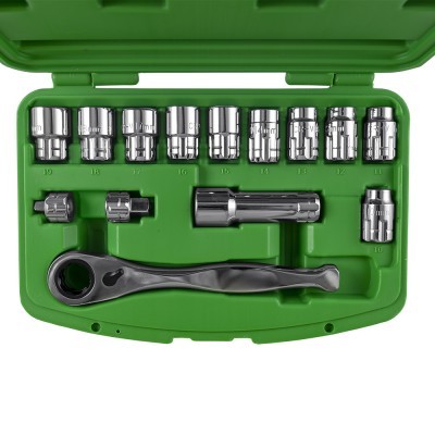 Conjunto de chaves de caixa metálicas com catraca em caixa verde.