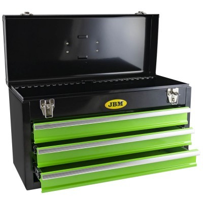 Caixa de ferramentas metálica preta e verde com 3 gavetas abertas