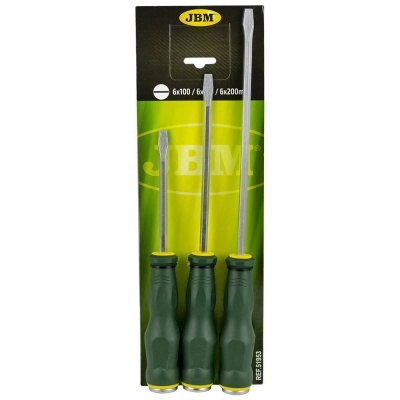 Conjunto de três chaves de fendas JBM com cabos verdes e detalhes amarelos