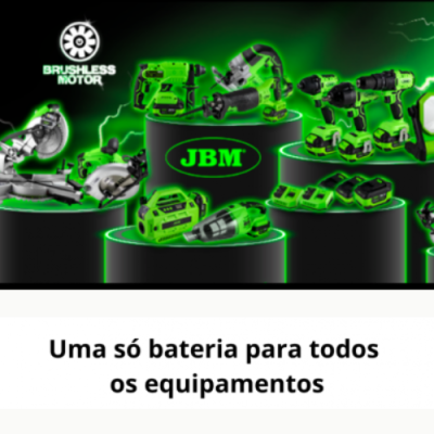 Ferramentas elétricas verdes e pretas JBM com texto 'Uma só bateria para todos os equipamentos'