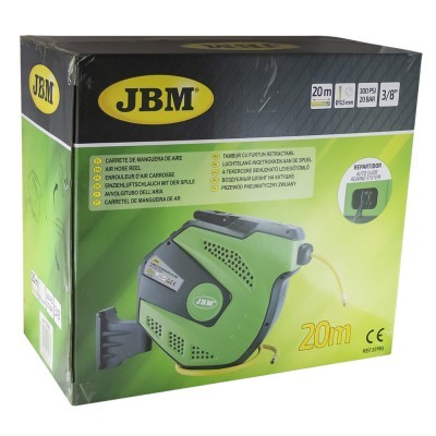 Embalagem verde e preta com carrete de mangueira de ar JBM 20 metros