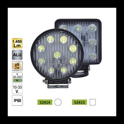 Faróis LED redondo e quadrado para automóvel, com LEDs visíveis e especificações técnicas ao lado