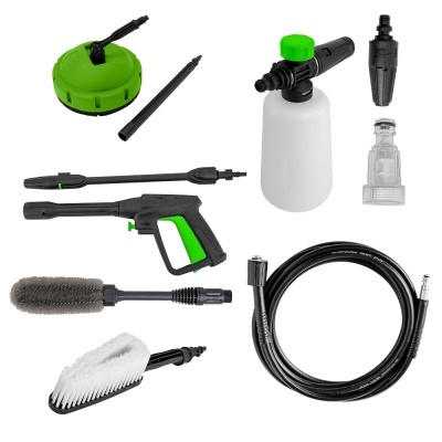 Conjunto de acessórios para limpeza de alta pressão com pistola, escovas, bicos, frasco e mangueira