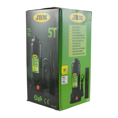 Embalagem de macaco hidráulico JBM 5T verde e preto com texto informativo