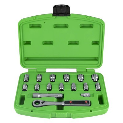 Conjunto de chaves soquete em estojo verde com 13 soquetes, catraca e extensor