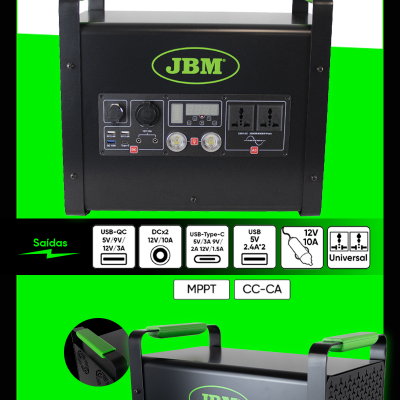 Gerador elétrico portátil JBM preto e verde com várias tomadas e carregadores