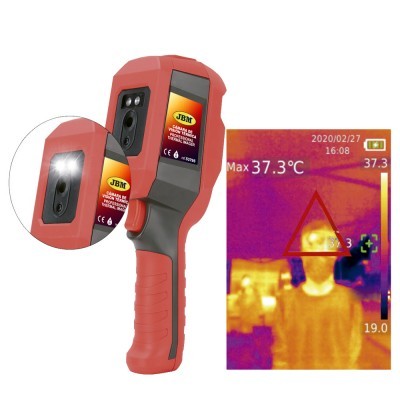 Termómetro de imagem térmica vermelha e cinza com visor digital a mostrar leitura térmica