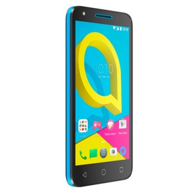 Smartphone azul com ecrã colorido mostrando a hora e várias aplicações